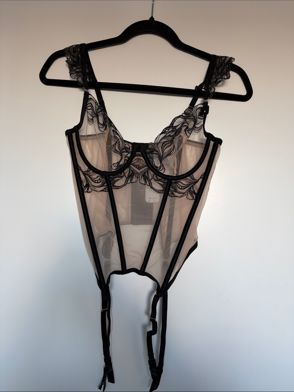 Sheer Lace-Trim Garter Bodysuit - Black and Nude